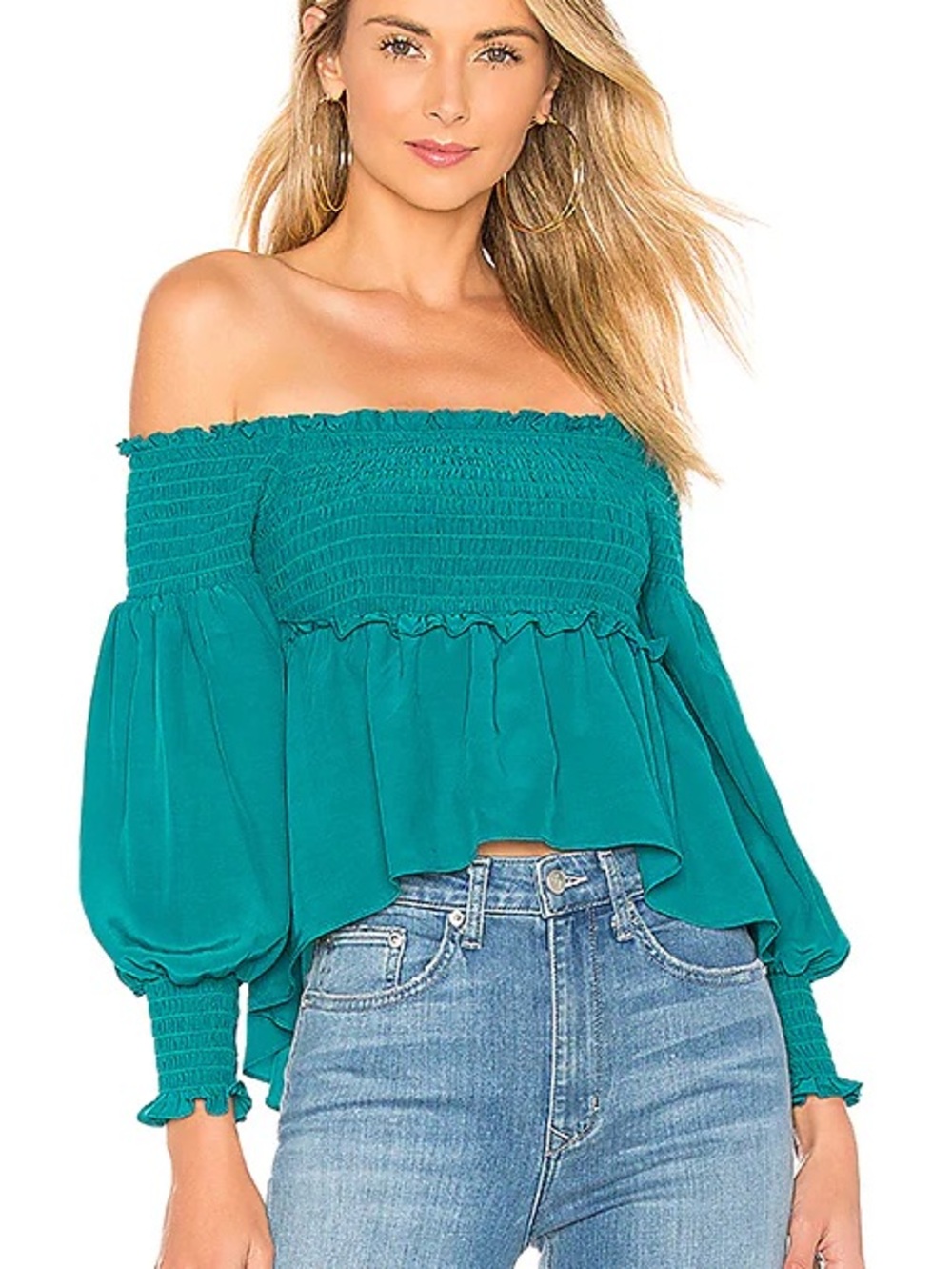 For Love & Lemons teal smocked off shoulder blouse crop top boho romantic size S